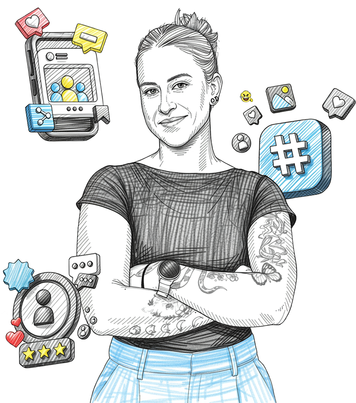 Hannah crossing her arms, surrounded by social media icons in a sketched style.
