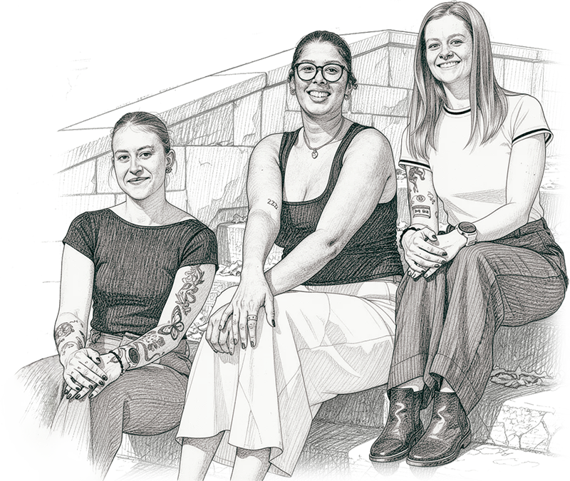 The JellyBean Creative team posing on stone steps, sketched illustration